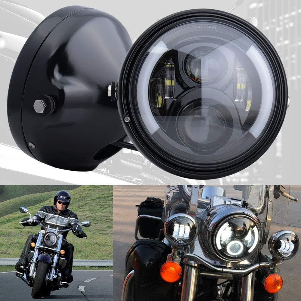 7 Inch Round LED Motorcycle Headlight with Housing Bucket Amber Turn Signal Lights & White DRL Angle Eyes for H-arley Yamaha Kawasaki Honda Street Bike Front Headlamp