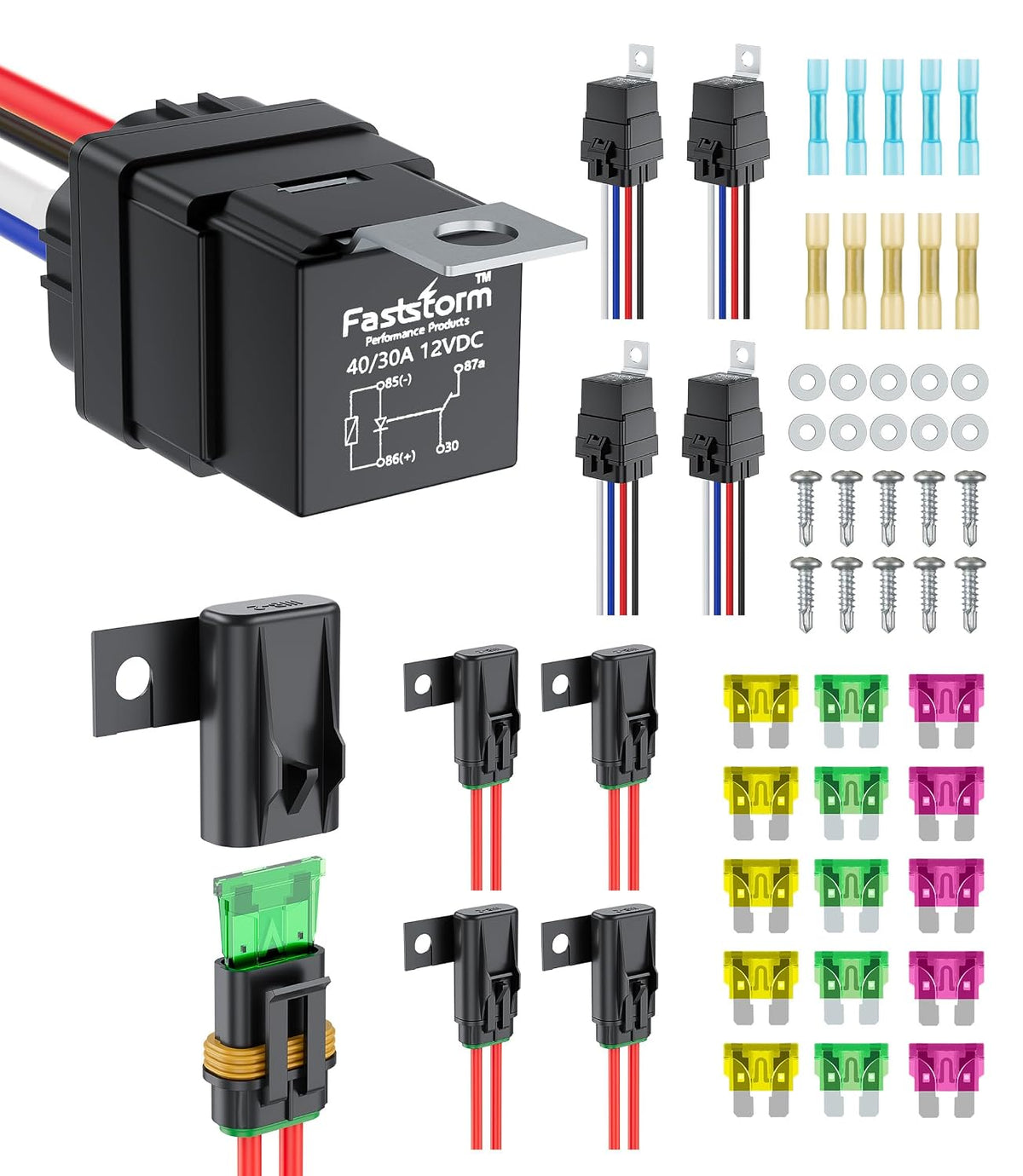 5 Pack Heavy Duty 4 Pin Waterproof Relay Switch 12V 12&16 AWG with 5x20A/30A/40A ATC/ATO Blade Fuse Holder Inline Fuse for Marine Automotive Vehicle