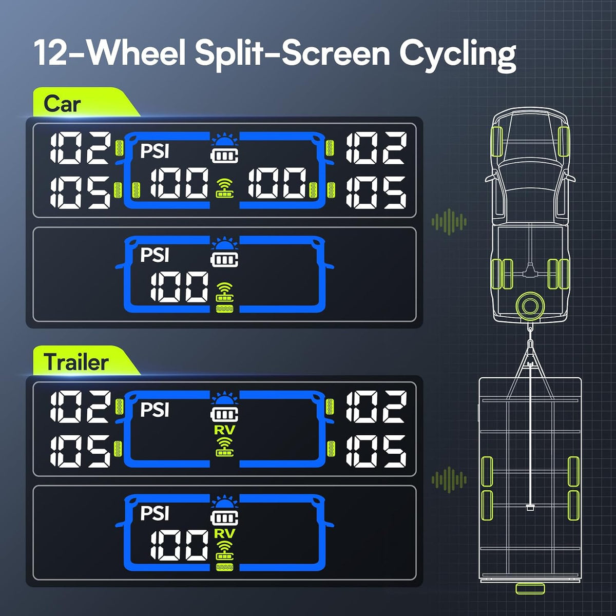 TM12 RV Tire Pressure Monitoring System, TPMS Set of 6 Sensors