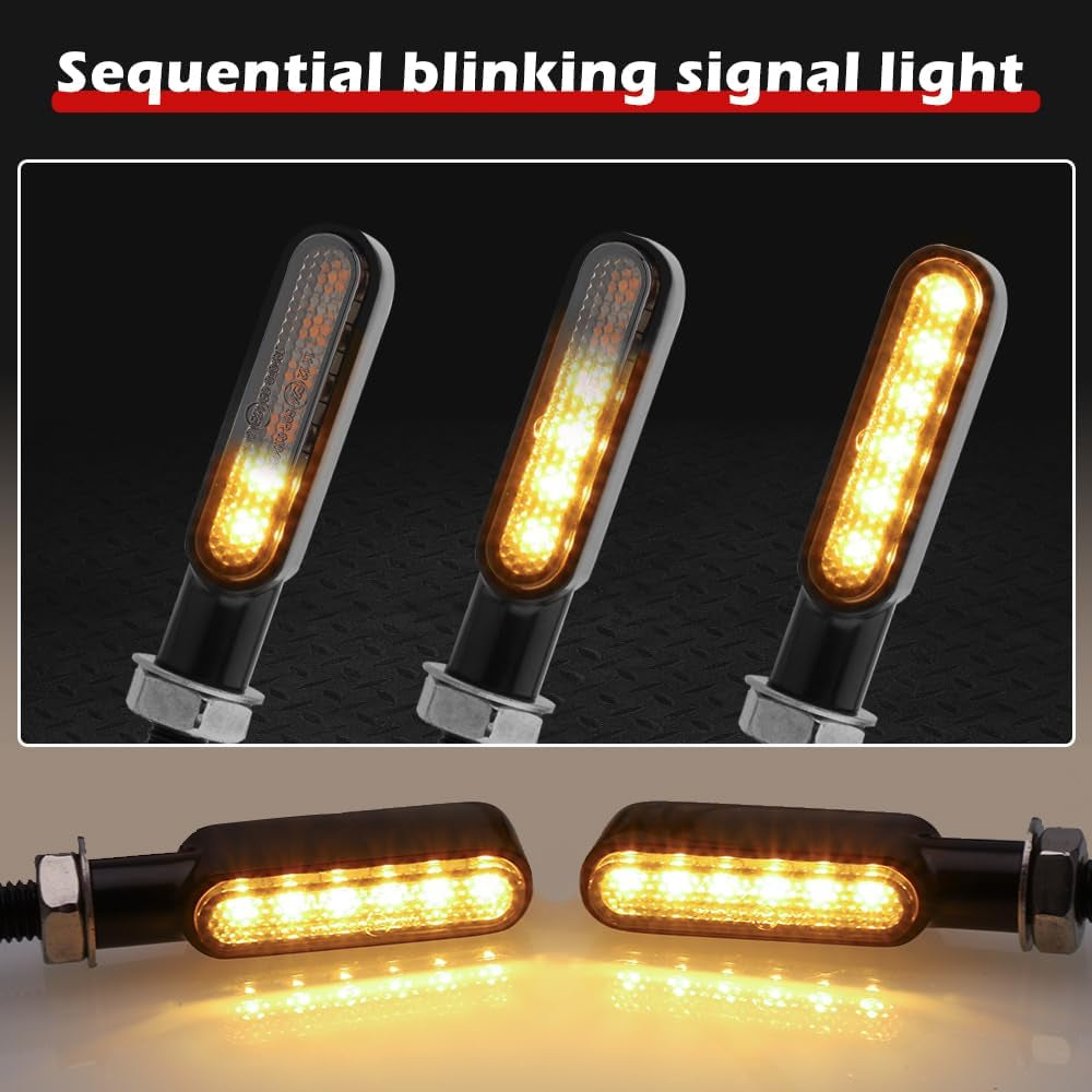 Flowing LED Motorcycle Turn Signal Lights Sequential Front Rear Blinkers Indicators Universal Fits for Cruiser Touring Bobber Cafe Racer Street Bikes (Black-Amber)