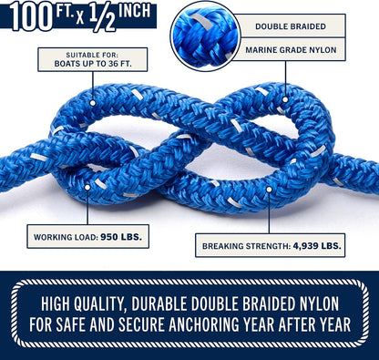 RainierSupplyCo Boat Anchor Rope - Double Braided Marine Rope Anchor Line - 100/150 / 200/300 ft Nylon Boating Line with 316 Stainless Steel Thimble and Heavy Duty Marine Grade