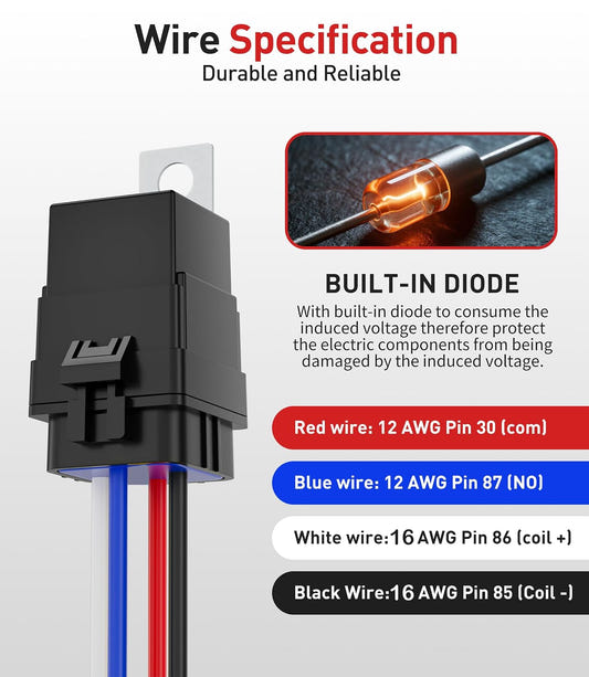 5 Pack Heavy Duty 4 Pin Waterproof Relay Switch 12V 12&16 AWG with 5x20A/30A/40A ATC/ATO Blade Fuse Holder Inline Fuse for Marine Automotive Vehicle
