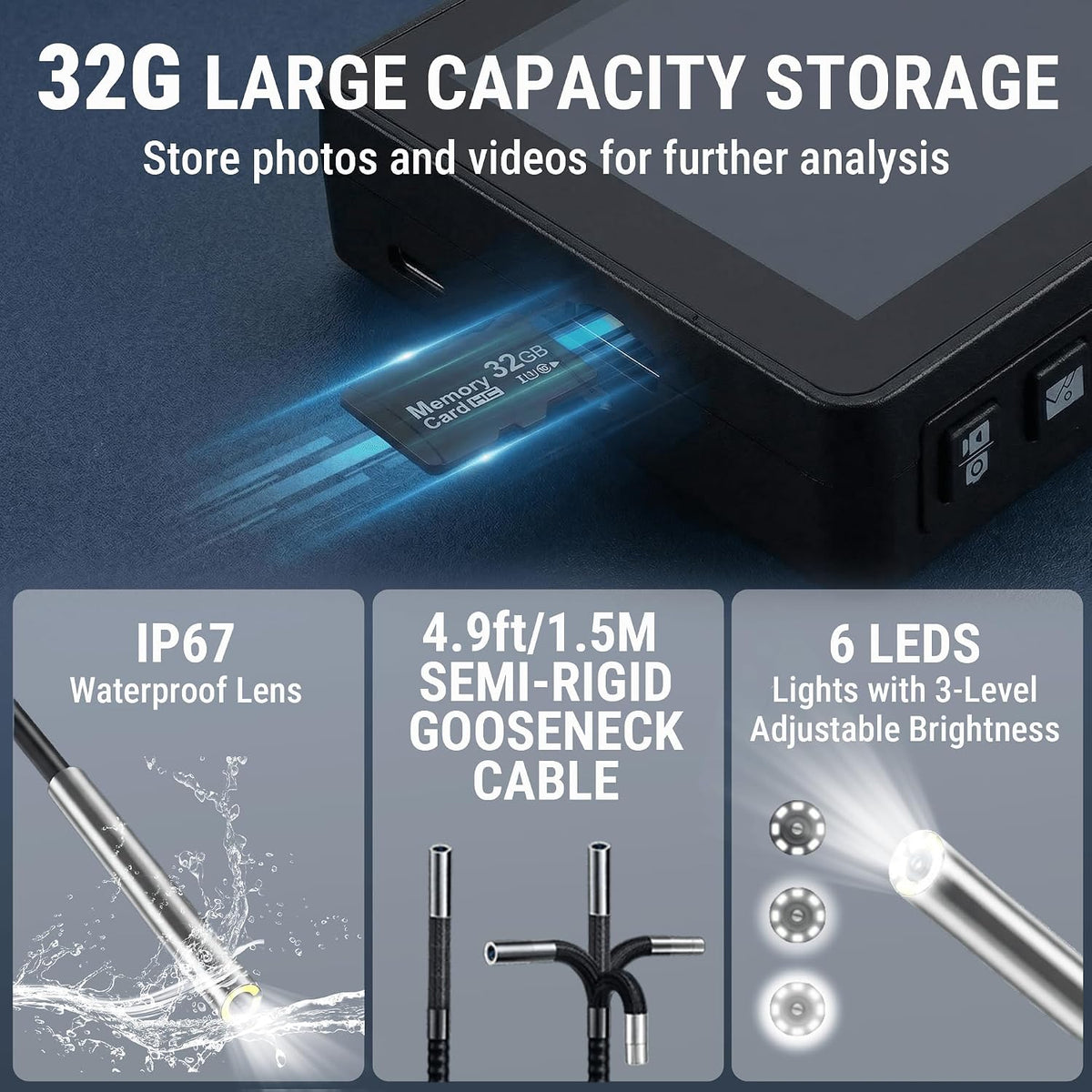 360° Articulating Borescope Camera, 6.2mm Borescope Endoscope with 5" IPS Screen, 1080P HD, 4.9FT Gooseneck Cable, IP67 Waterproof Snake Cameras with 6 Lights for Automotive, Plumbing