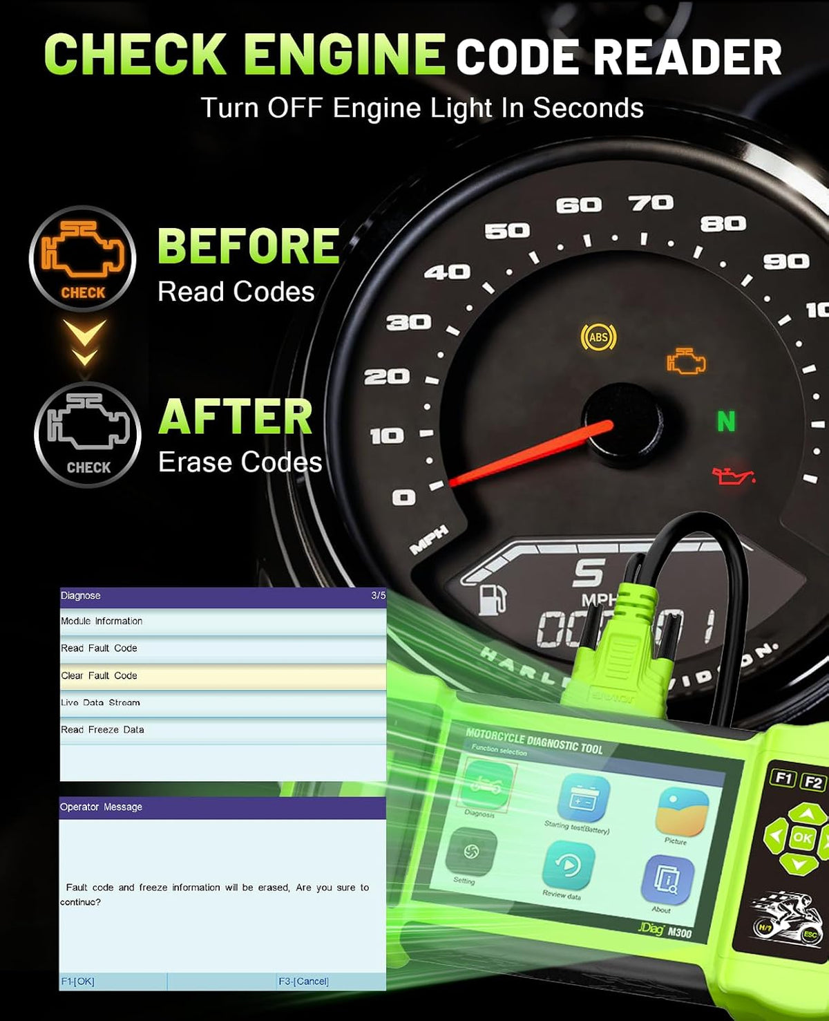 Motorcycle Scanner Diagnostic Tool with Printer, Oil Service Reset, M300