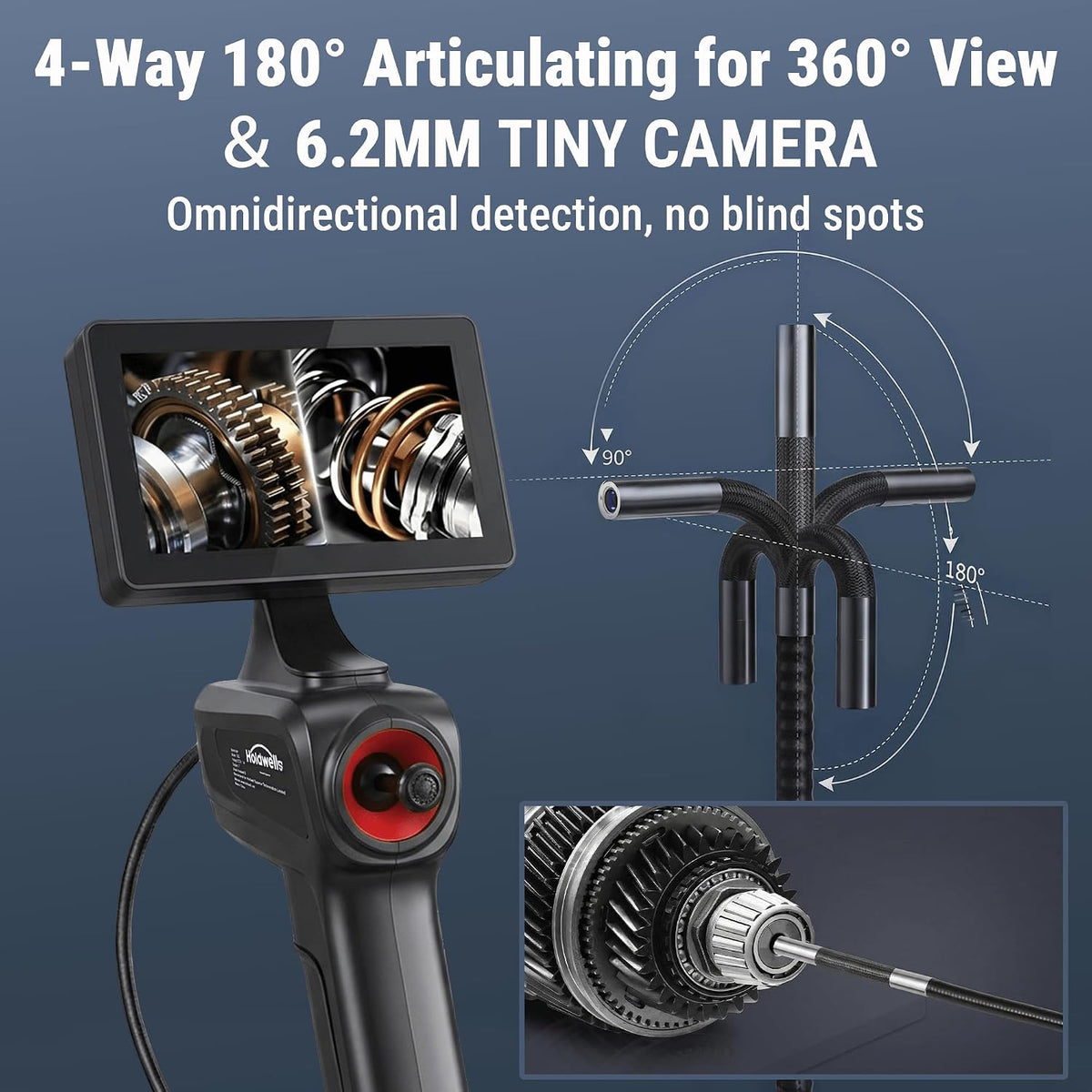 360° Articulating Borescope Camera, 6.2mm Borescope Endoscope with 5" IPS Screen, 1080P HD, 4.9FT Gooseneck Cable, IP67 Waterproof Snake Cameras with 6 Lights for Automotive, Plumbing