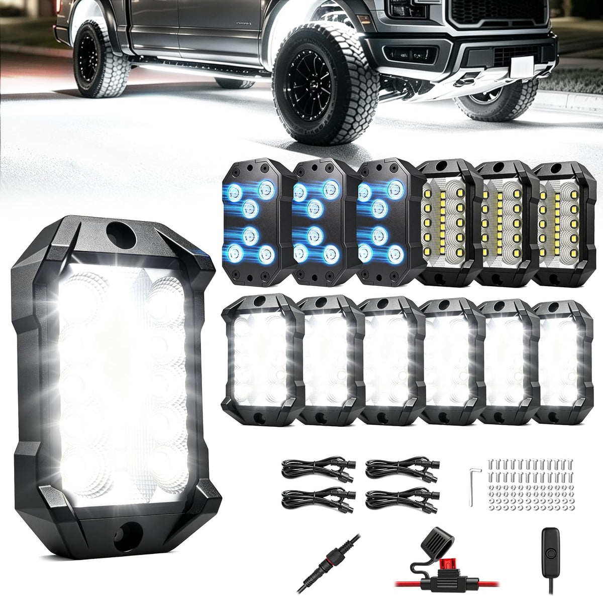12 Pods Magnetic Metal Rock Lights, 6000K Pure White LED Rock Light Kit