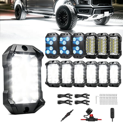 12 Pods Magnetic Metal Rock Lights, 6000K Pure White LED Rock Light Kit