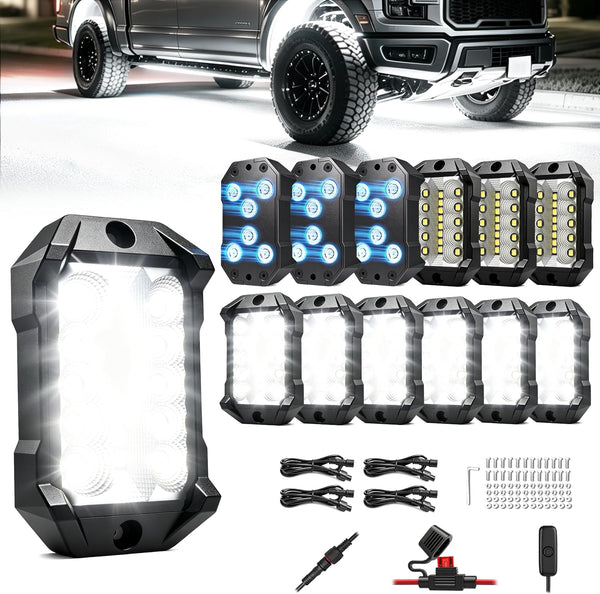 12 Pods Magnetic Metal Rock Lights, 6000K Pure White LED Rock Light Kit