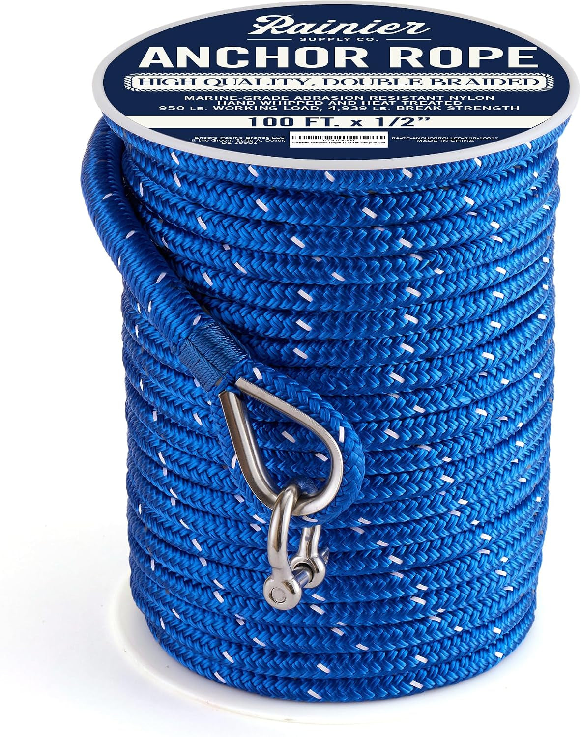 RainierSupplyCo Boat Anchor Rope - Double Braided Marine Rope Anchor Line - 100/150 / 200/300 ft Nylon Boating Line with 316 Stainless Steel Thimble and Heavy Duty Marine Grade