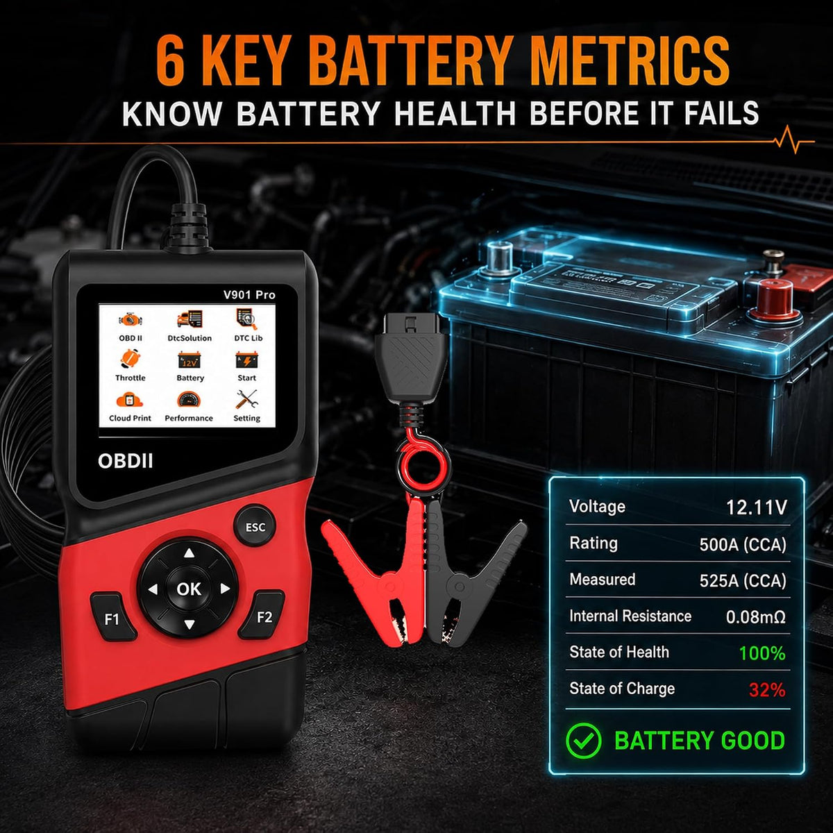 2-in-1 OBD2 Scanner with 12V Battery Tester Car Repair Diagnostic Tool