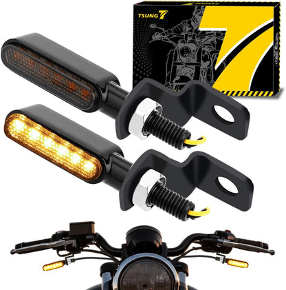Flowing LED Motorcycle Turn Signal Lights Sequential Front Rear Blinkers Indicators Universal Fits for Cruiser Touring Bobber Cafe Racer Street Bikes (Black-Amber)