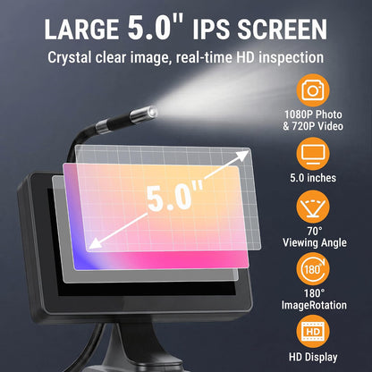 360° Articulating Borescope Camera, 6.2mm Borescope Endoscope with 5" IPS Screen, 1080P HD, 4.9FT Gooseneck Cable, IP67 Waterproof Snake Cameras with 6 Lights for Automotive, Plumbing