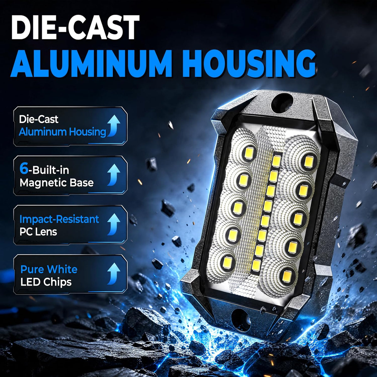 12 Pods Magnetic Metal Rock Lights, 6000K Pure White LED Rock Light Kit