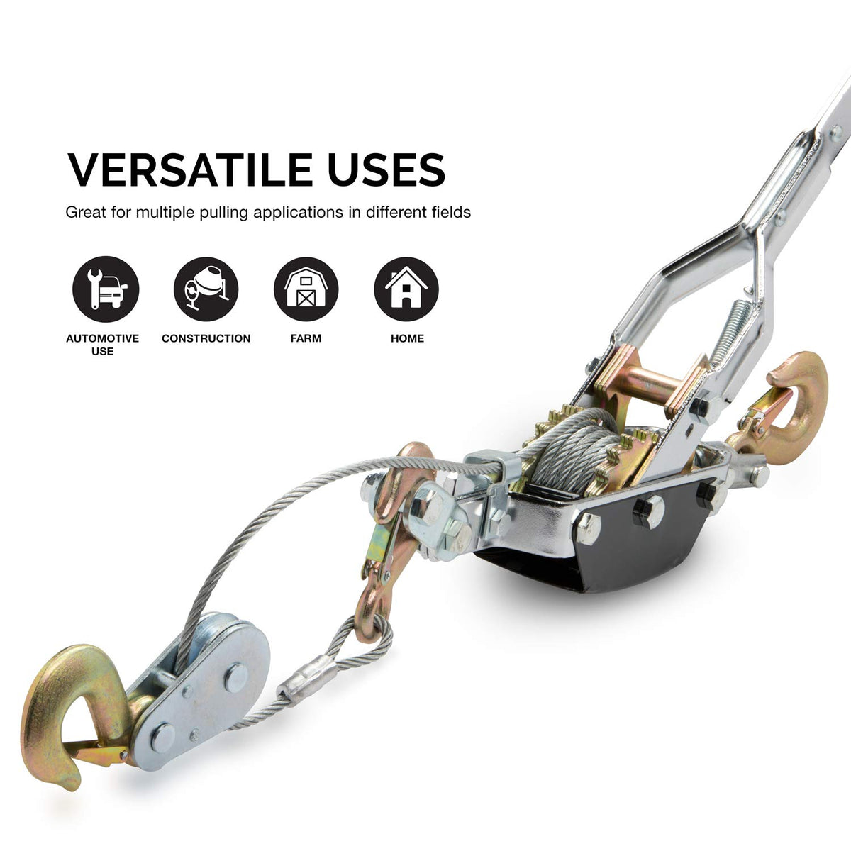 02256A Come Along Winch, 5-Ton (10,000 Lbs) Pulling Capacity, 10Ft, 3 Hook, Heavy Duty Power Cable Come Along Tool with Dual Gears, Hand Winch Cable, Automotive Hoist Winch Puller, Recovery Gear