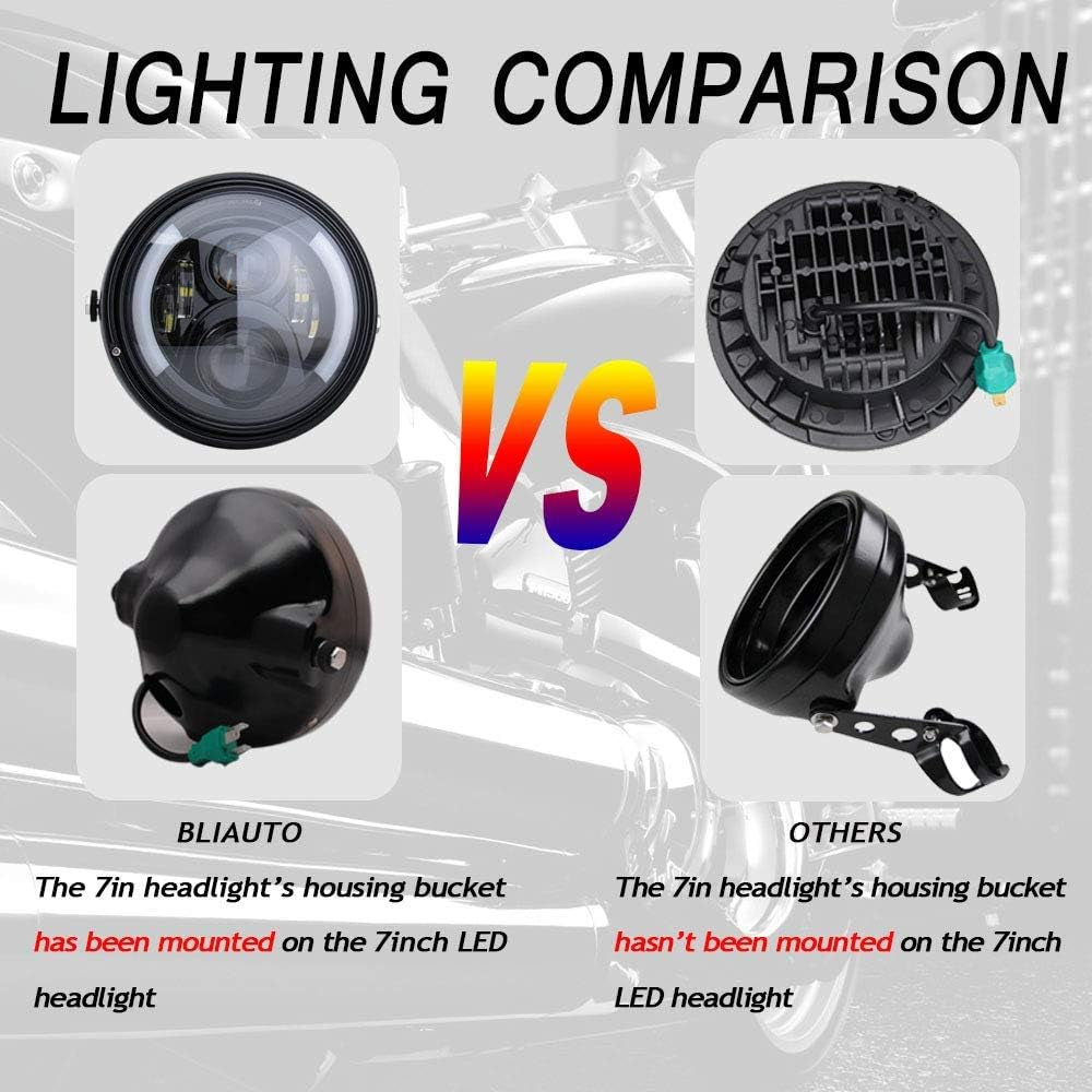 7 Inch Round LED Motorcycle Headlight with Housing Bucket Amber Turn Signal Lights & White DRL Angle Eyes for H-arley Yamaha Kawasaki Honda Street Bike Front Headlamp