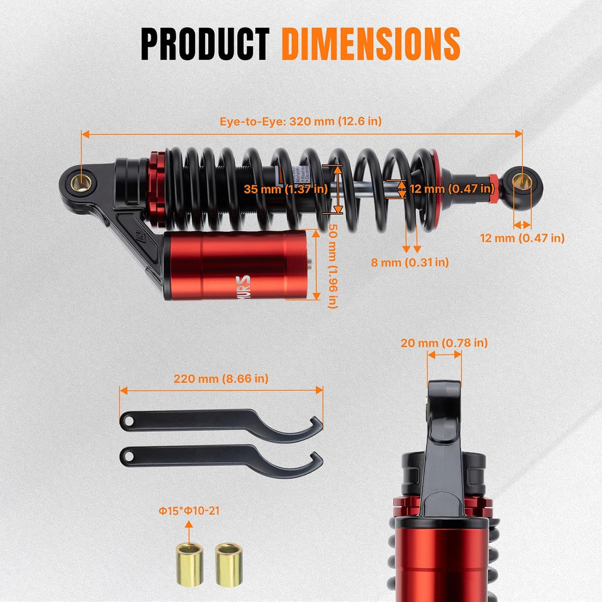 Adjustable 12.5" 320mm Motorcycle Air Shock Absorbers, Aluminum CNC Rear Suspension Universal Fit for 125cc 110cc 150cc Motorcycle, ATV, Go Kart (Red & Black)