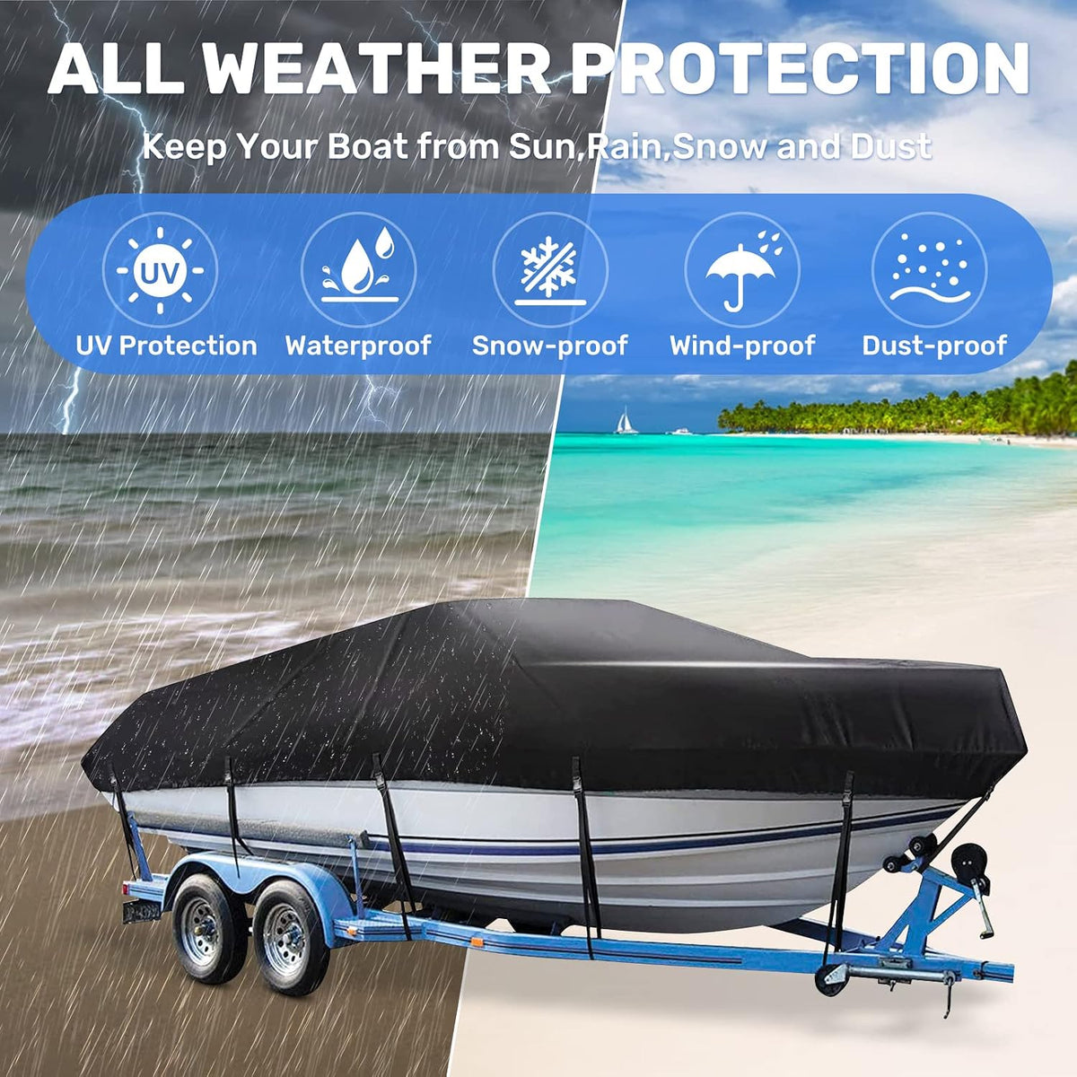Boat Cover, Heavy Duty 17-19ft Waterproof Trailerable Boat Cover