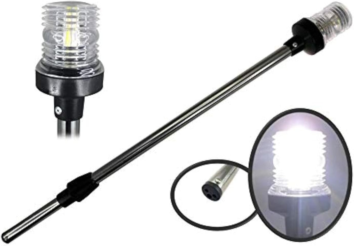 12V Marine Boat Yacht Pontoon Navigation Anchor Light 360 Degrees All Around Nature White LED Splashproof Black Housing USCG Certified Approved (Plug-in Base (H=25"))
