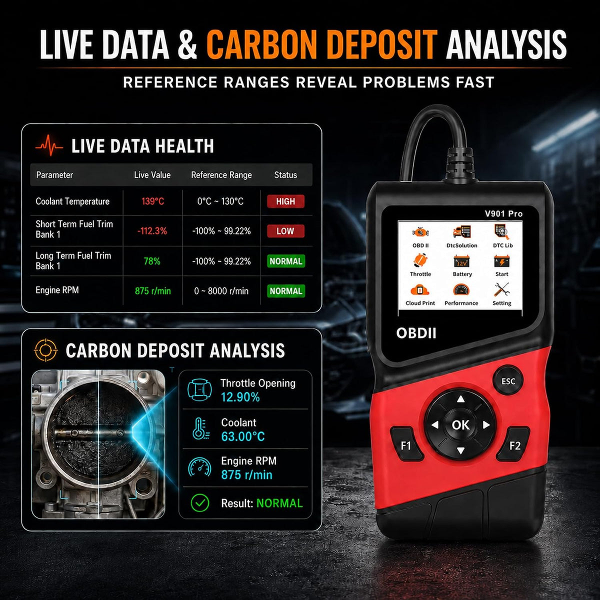 2-in-1 OBD2 Scanner with 12V Battery Tester Car Repair Diagnostic Tool