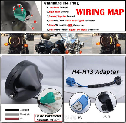 7 Inch Round LED Motorcycle Headlight with Housing Bucket Amber Turn Signal Lights & White DRL Angle Eyes for H-arley Yamaha Kawasaki Honda Street Bike Front Headlamp