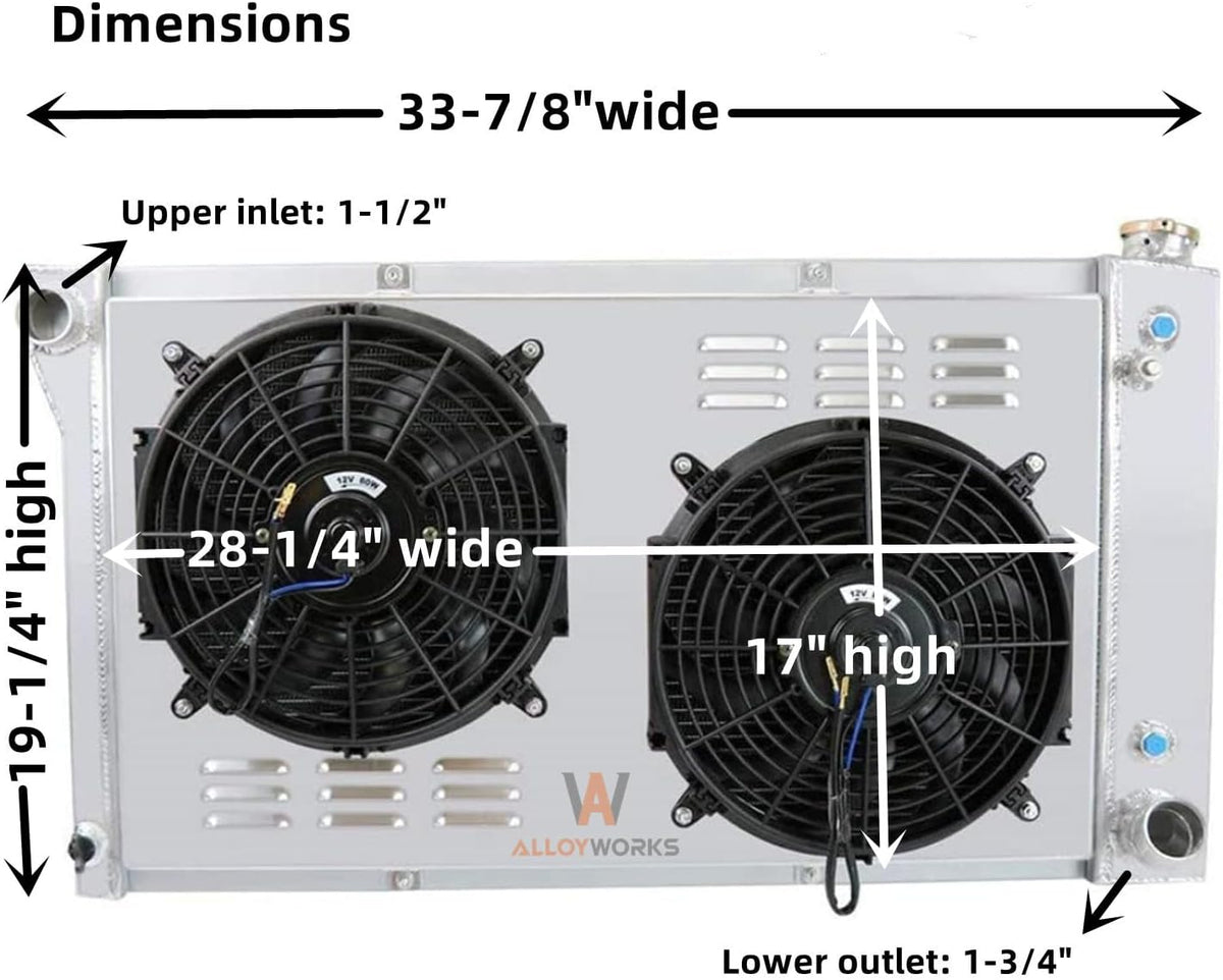 ALLOYWORKS 4 Row Core Aluminum Radiator For 1967-1972 Chevy C/K Series C10 C20 K10 K20 Pickup Suburban Truck Radiators, with 2 x 12" Fan w/Louver Shroud Thermostat Relay Wire Kit Radiator, OEM# CU369
