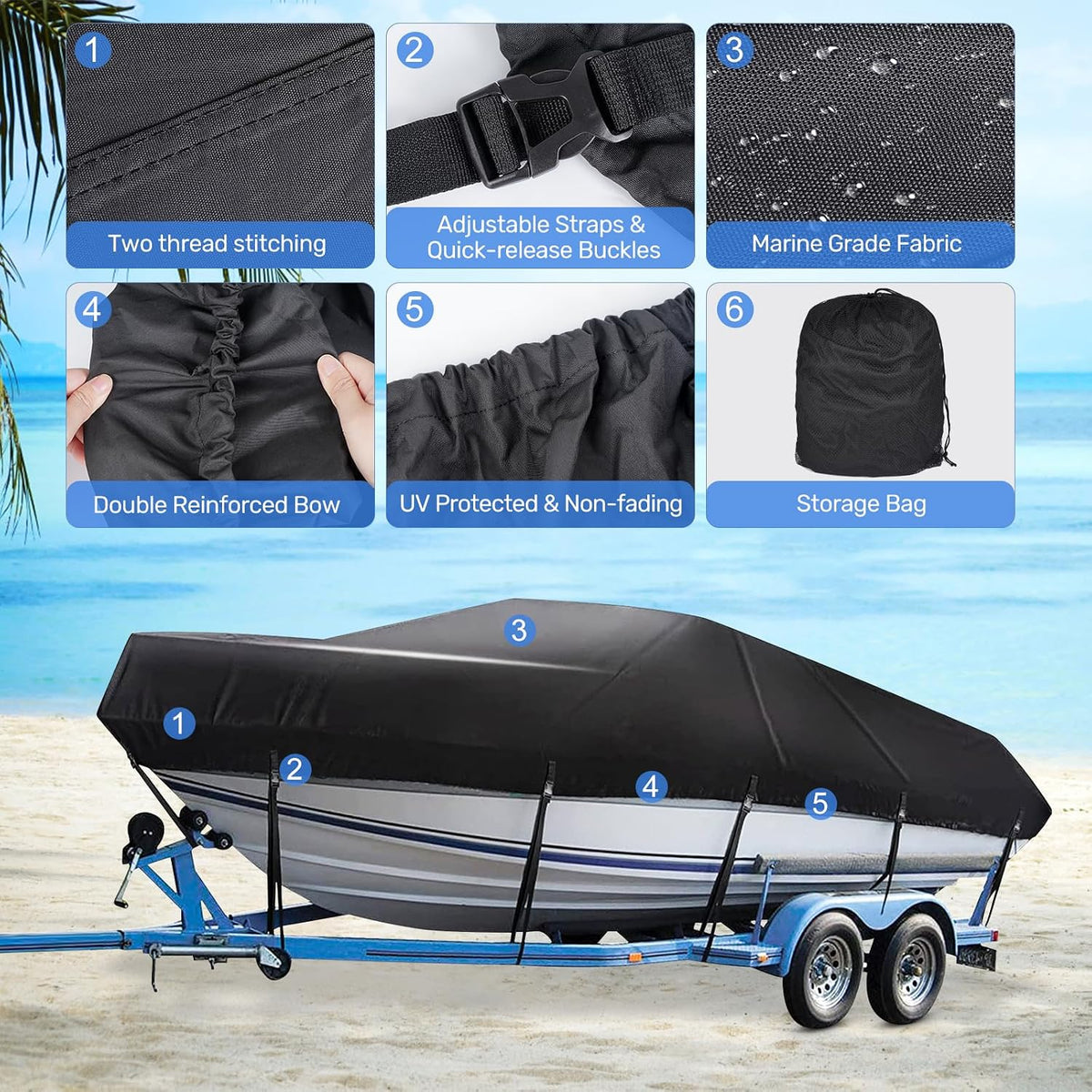 Boat Cover, Heavy Duty 17-19ft Waterproof Trailerable Boat Cover