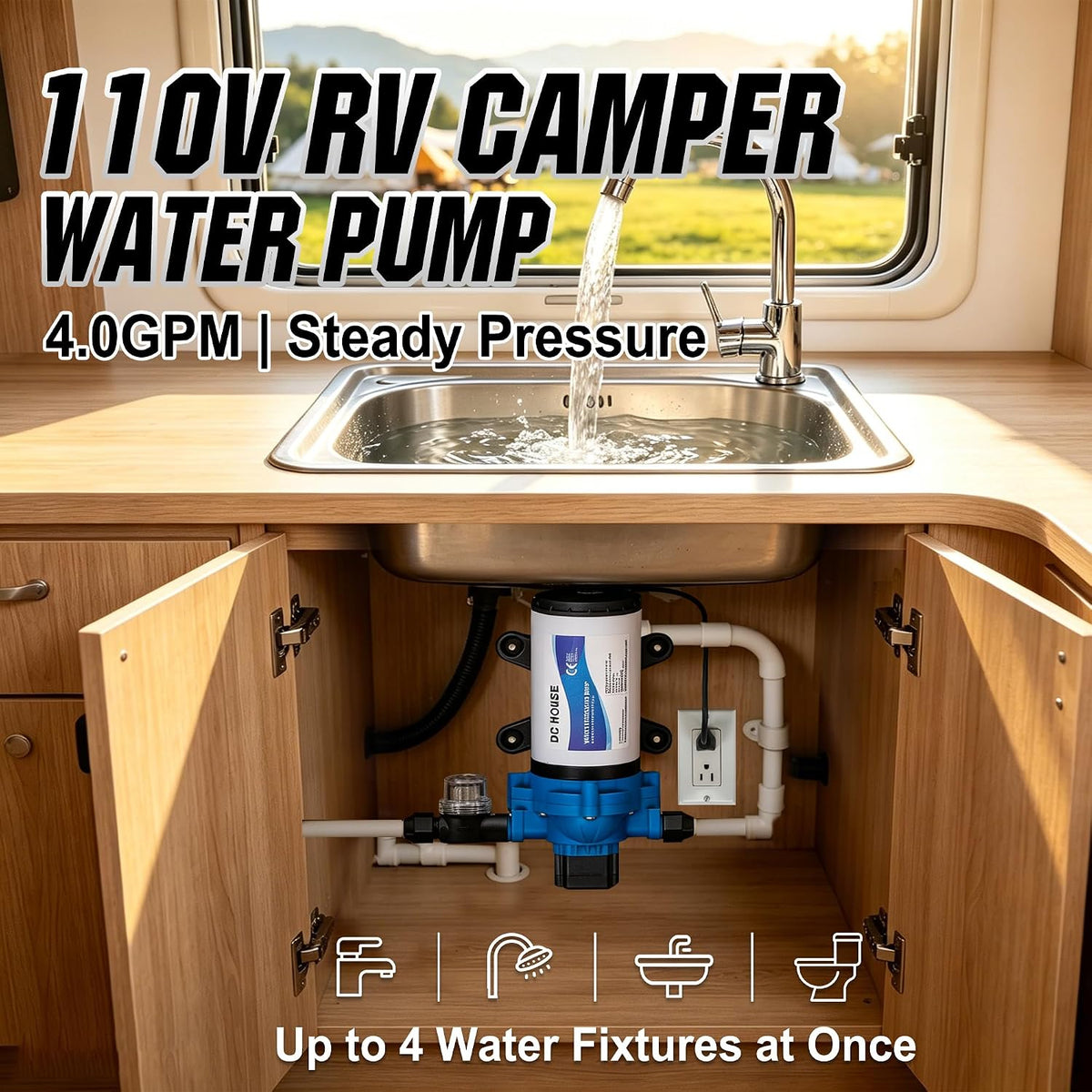 110 Volt RV Water Pressure Diaphragm Pump 4GPM 50PSI 33-Series 110V AC Camper On Demand Water Transfer Pump Electric with Power Plug for Bathroom Kitchen Food Truck Sprinkler Irrigation