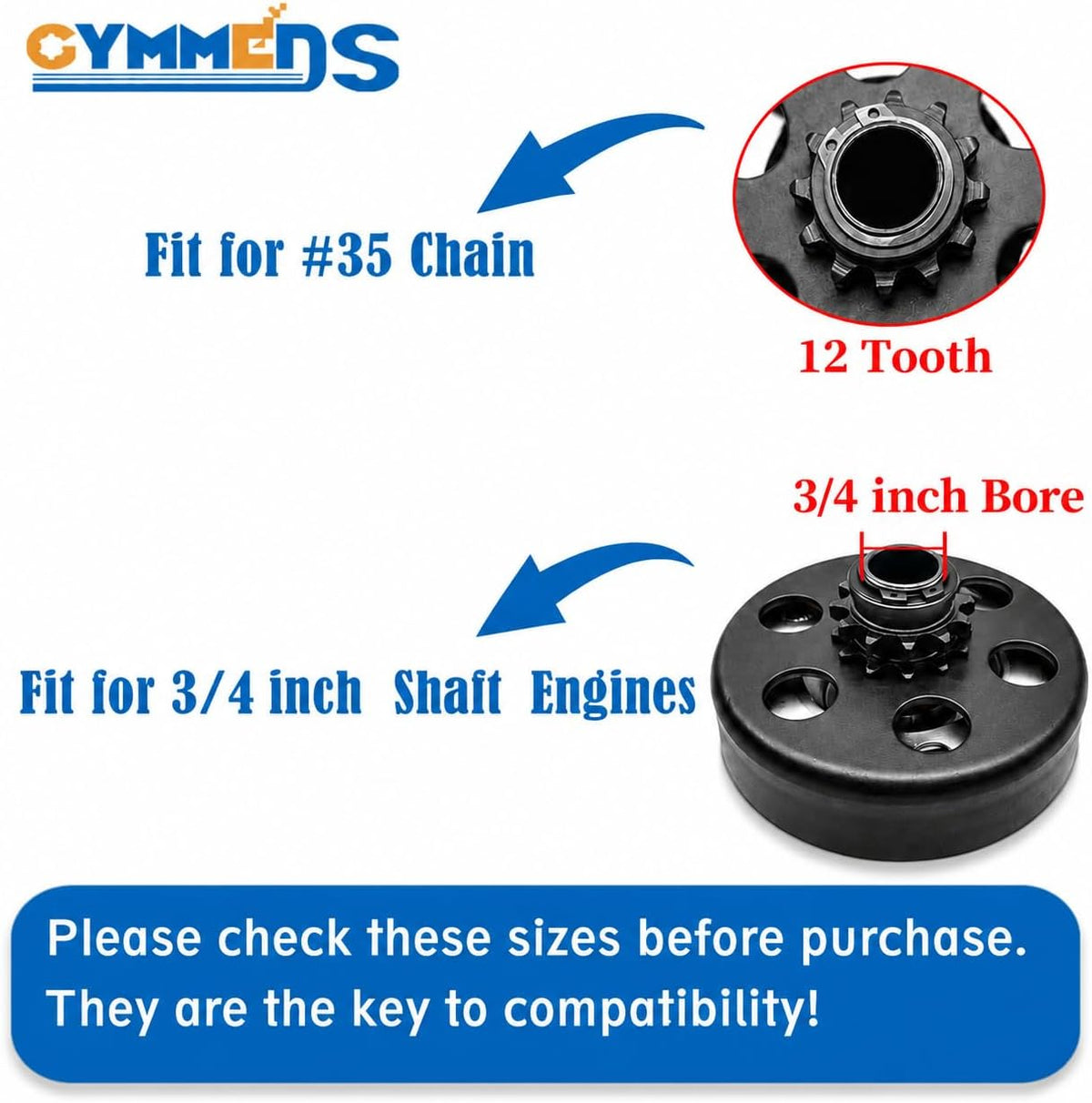 Centrifugal Clutch 3/4" Bore 12 Tooth for #35 Chain, Fit for 3/4" Bore Pedator 212cc, Honda GC GX and Most 2-6.5HP Small Engines performance Parts, MiniBike, Go Kart, Included Bolt and Washer Kit.