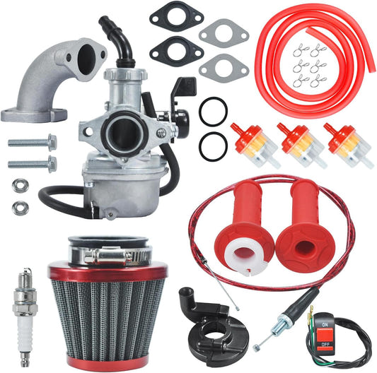 PZ22 Carburetor Carb Air filter Throttle Handle Grips Cable Kit for 110cc 125cc XR50 CRF50 CRF50f CRF110 TaoTao DB14 DB24 SSR110 SSR125 Coolster Apollo Pit Dirt Bike Chinese 4 Wheeler ATV Red