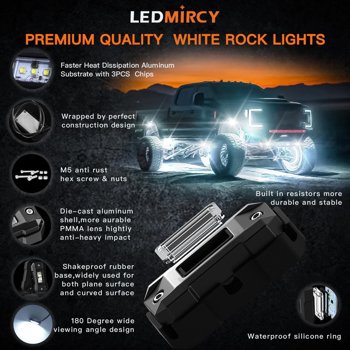 Rock Lights, R4 Pure White Rock Lights with Wire Harness for Trucks