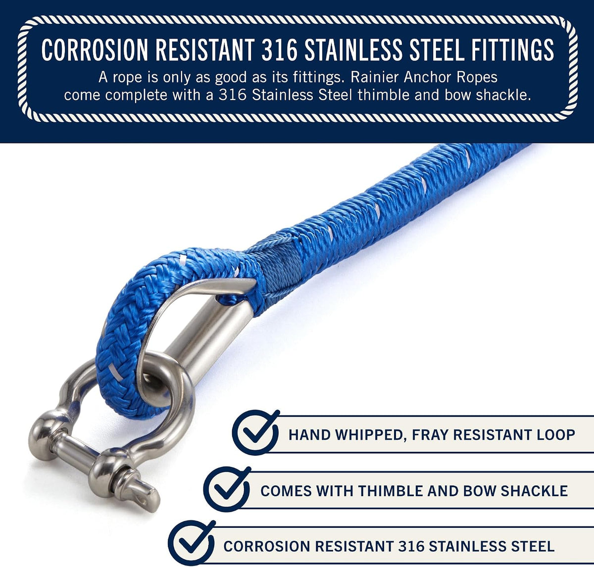 RainierSupplyCo Boat Anchor Rope - Double Braided Marine Rope Anchor Line - 100/150 / 200/300 ft Nylon Boating Line with 316 Stainless Steel Thimble and Heavy Duty Marine Grade