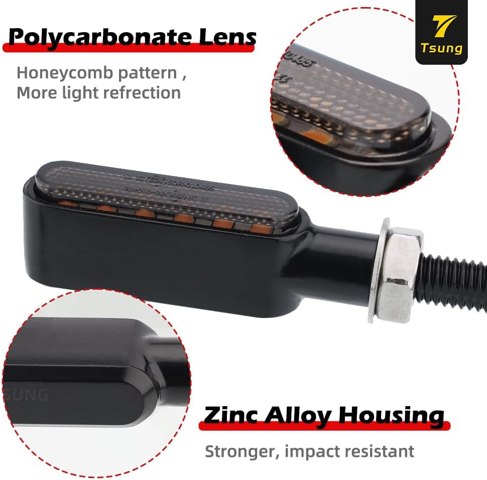 Flowing LED Motorcycle Turn Signal Lights Sequential Front Rear Blinkers Indicators Universal Fits for Cruiser Touring Bobber Cafe Racer Street Bikes (Black-Amber)