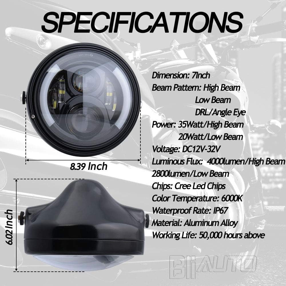7 Inch Round LED Motorcycle Headlight with Housing Bucket Amber Turn Signal Lights & White DRL Angle Eyes for H-arley Yamaha Kawasaki Honda Street Bike Front Headlamp