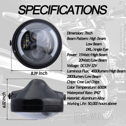 7 Inch Round LED Motorcycle Headlight with Housing Bucket Amber Turn Signal Lights & White DRL Angle Eyes for H-arley Yamaha Kawasaki Honda Street Bike Front Headlamp