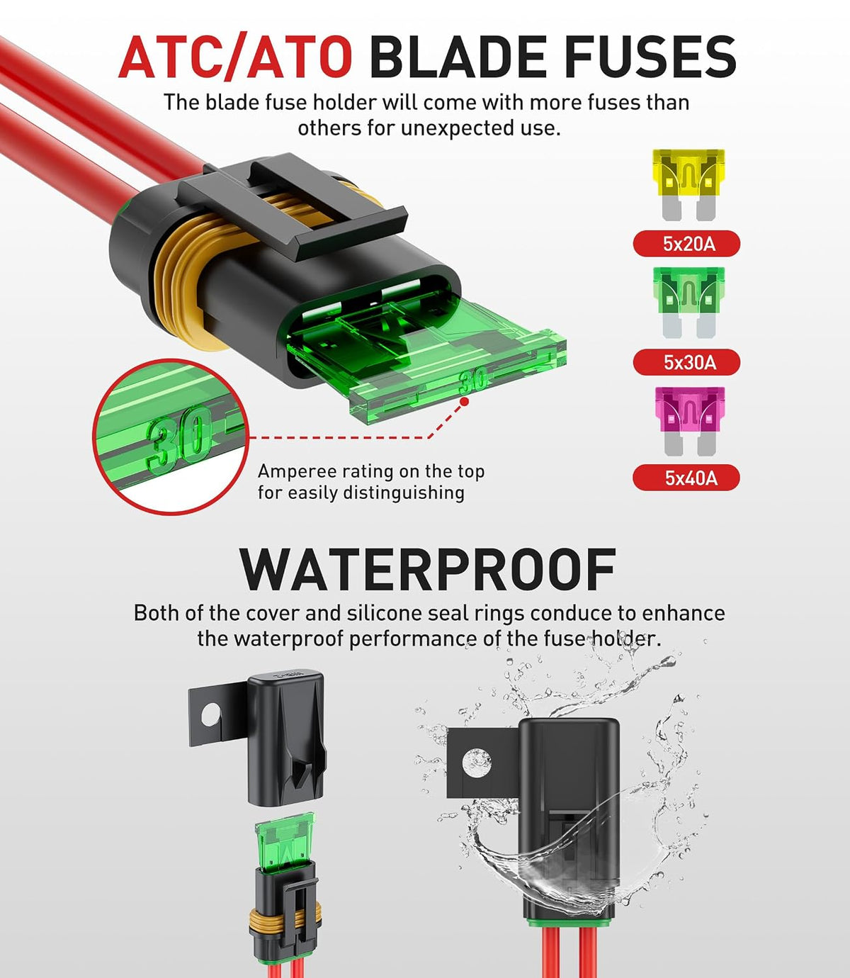 5 Pack Heavy Duty 4 Pin Waterproof Relay Switch 12V 12&16 AWG with 5x20A/30A/40A ATC/ATO Blade Fuse Holder Inline Fuse for Marine Automotive Vehicle