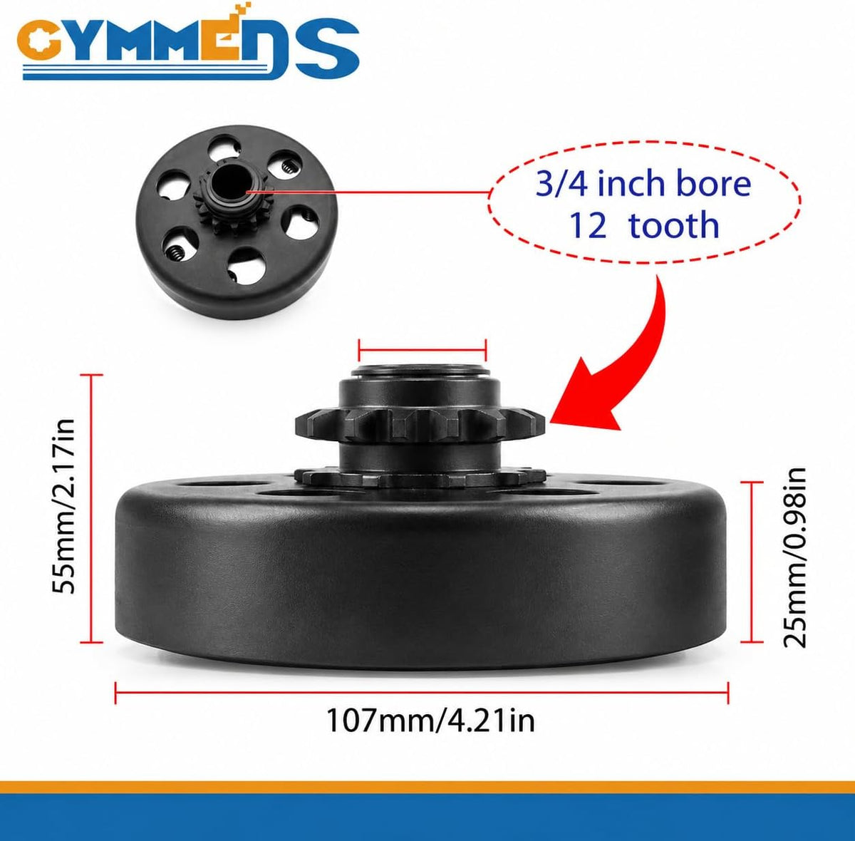 Centrifugal Clutch 3/4" Bore 12 Tooth for #35 Chain, Fit for 3/4" Bore Pedator 212cc, Honda GC GX and Most 2-6.5HP Small Engines performance Parts, MiniBike, Go Kart, Included Bolt and Washer Kit.