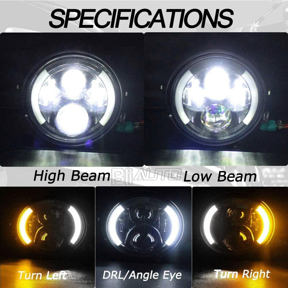 7 Inch Round LED Motorcycle Headlight with Housing Bucket Amber Turn Signal Lights & White DRL Angle Eyes for H-arley Yamaha Kawasaki Honda Street Bike Front Headlamp