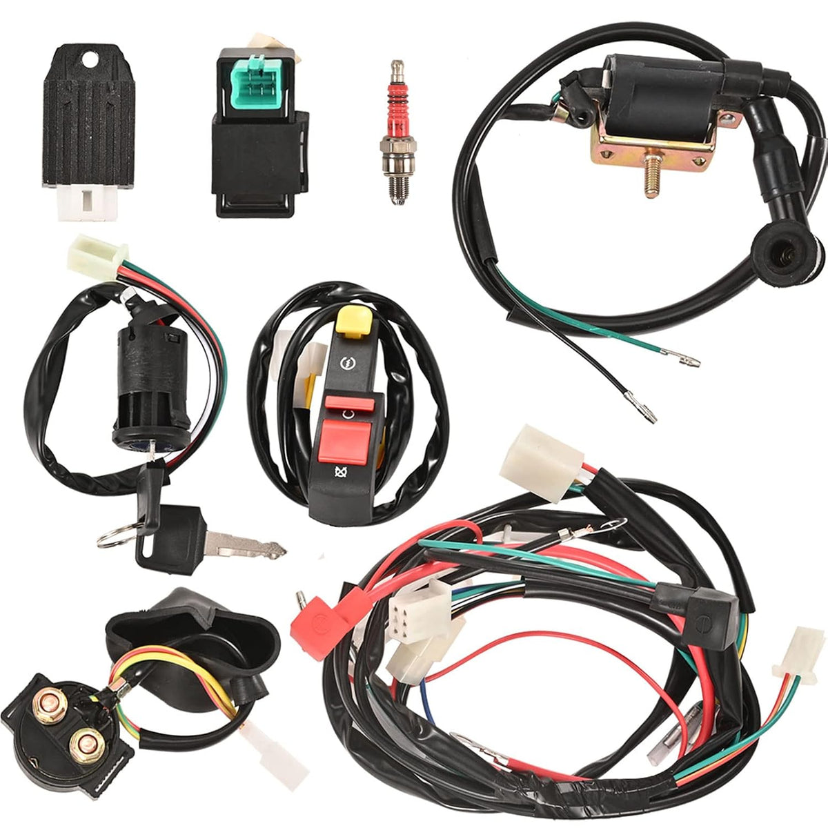 Full Wiring Harness Loom Solenoid Relay Spark Plug Coil Regulator CDI For 4 Stroke ATV 50cc 70cc 90cc 110cc 125cc Dirt Pit Bike Buggy Quad Electric Start Engine