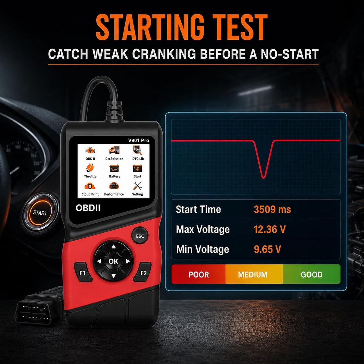 2-in-1 OBD2 Scanner with 12V Battery Tester Car Repair Diagnostic Tool