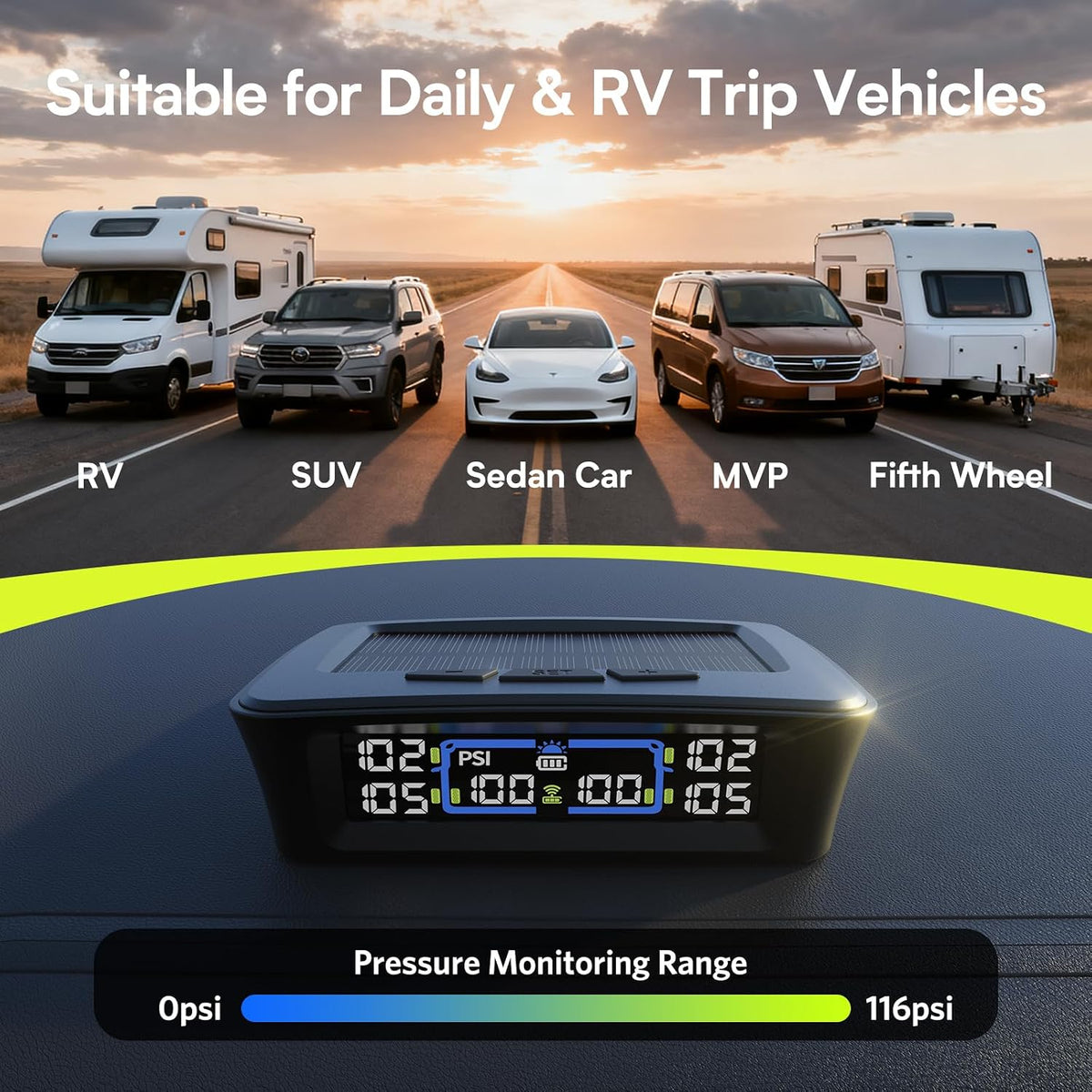 TM12 RV Tire Pressure Monitoring System, TPMS Set of 6 Sensors