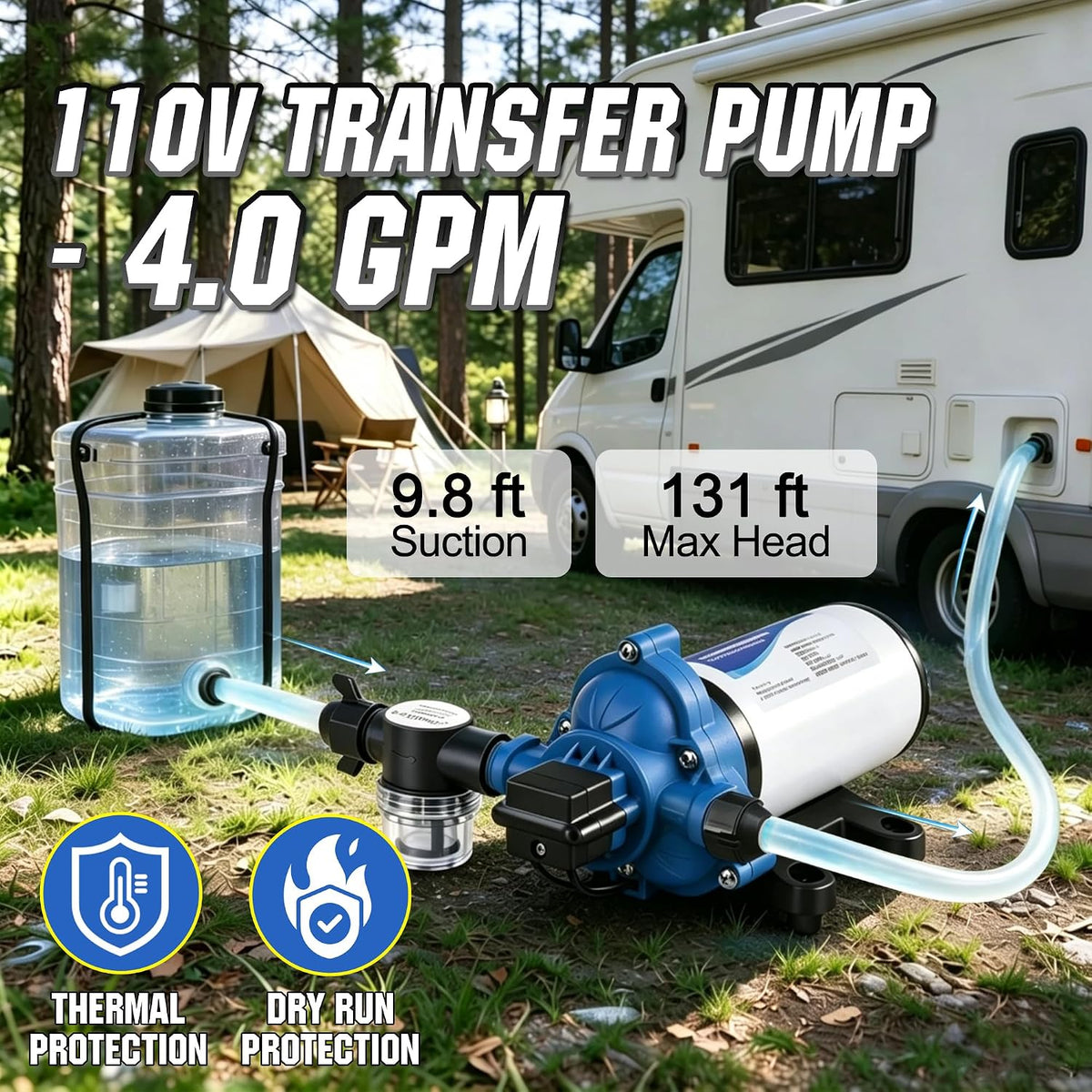 110 Volt RV Water Pressure Diaphragm Pump 4GPM 50PSI 33-Series 110V AC Camper On Demand Water Transfer Pump Electric with Power Plug for Bathroom Kitchen Food Truck Sprinkler Irrigation