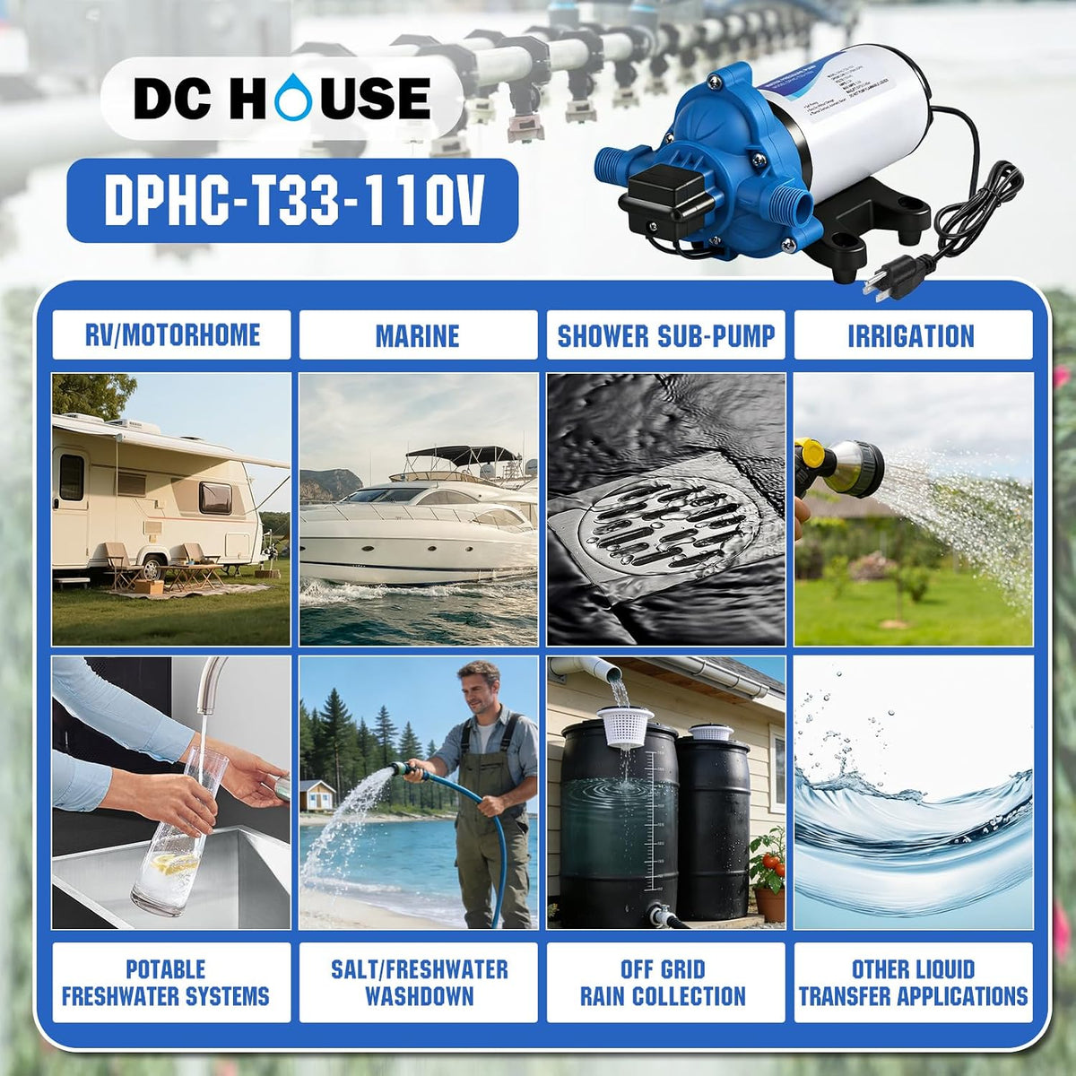 110 Volt RV Water Pressure Diaphragm Pump 4GPM 50PSI 33-Series 110V AC Camper On Demand Water Transfer Pump Electric with Power Plug for Bathroom Kitchen Food Truck Sprinkler Irrigation