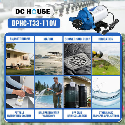 110 Volt RV Water Pressure Diaphragm Pump 4GPM 50PSI 33-Series 110V AC Camper On Demand Water Transfer Pump Electric with Power Plug for Bathroom Kitchen Food Truck Sprinkler Irrigation